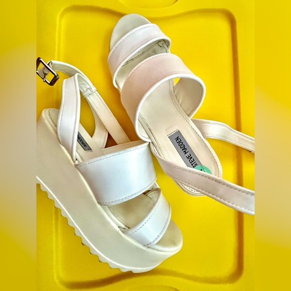 White Leather Ankle Wrap Platform Sandals Steve Madden - Picture 6 of 7